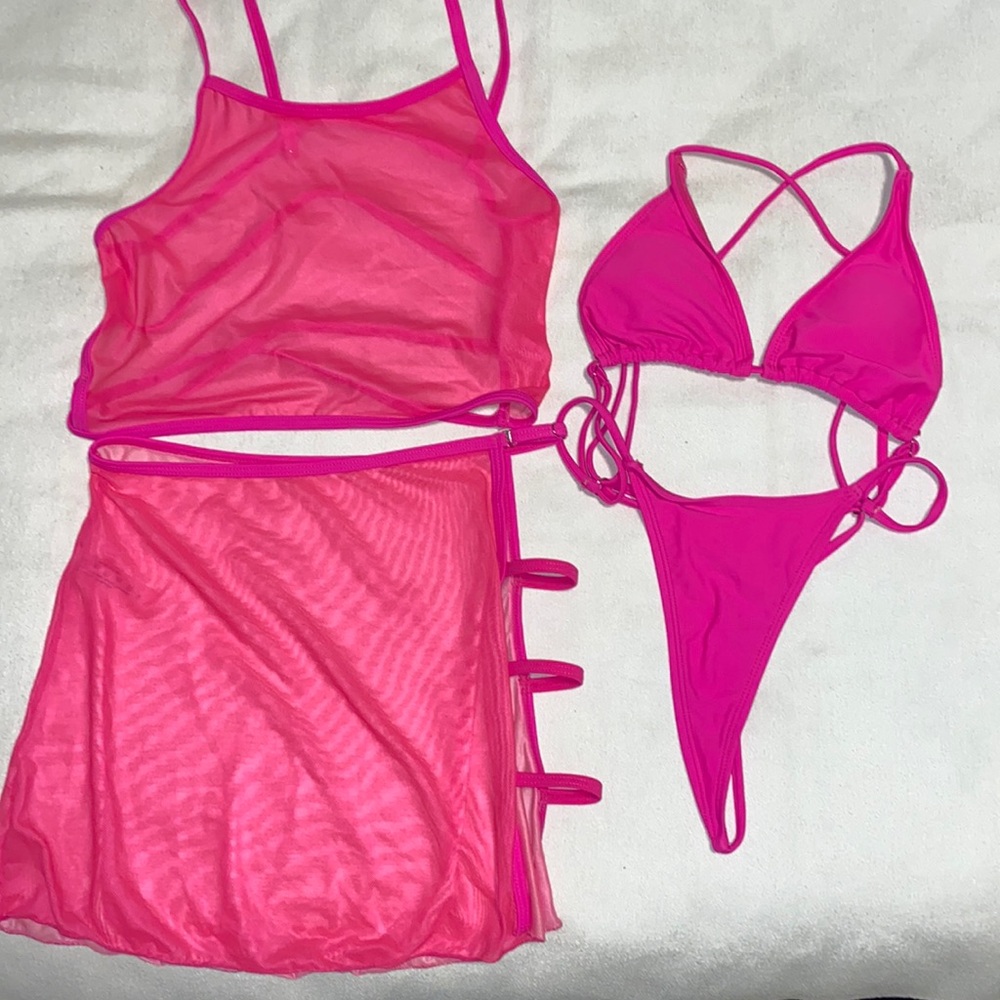 SHEIN hot pink thong string ‘one-piece’ bikini with sheer top & skirt bottom